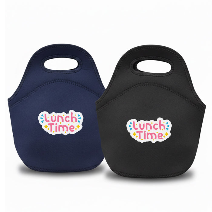 Neoprene Lunch Bag - A neoprene lunch bag in navy and black, featuring a logo on the front.