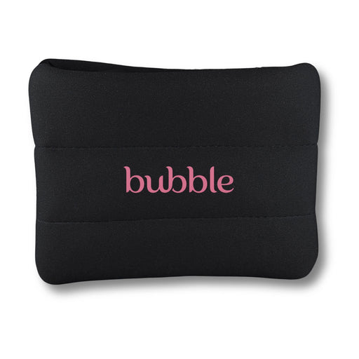 Bubble Neoprene Cosmetic Bag - A black neoprene cosmetic bag featuring a logo in pink, with a smooth, cushioned texture.