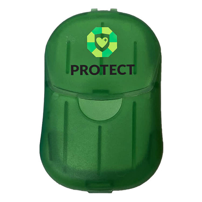 Soapy - A green protective case with a logo, featuring a secure snap closure.