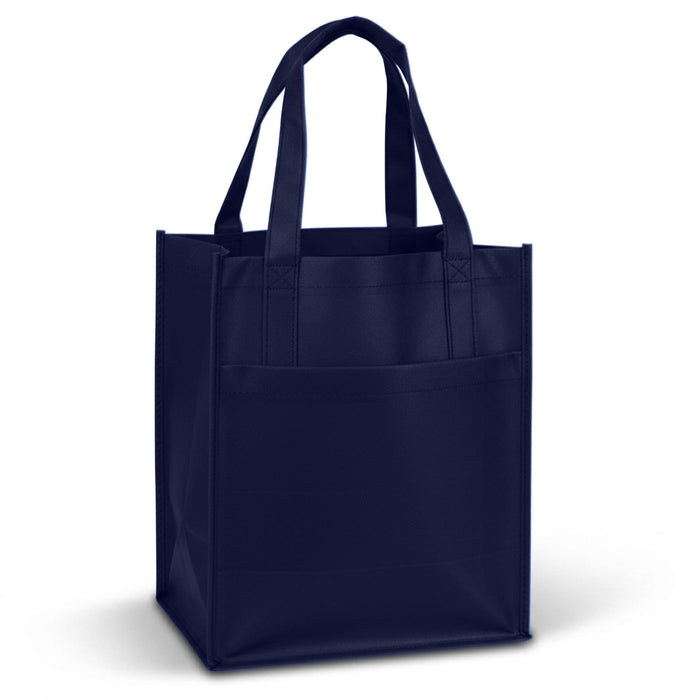 Pocket Shopping Bag - A navy blue pocket shopping bag with sturdy handles and a front pocket, featuring a logo.