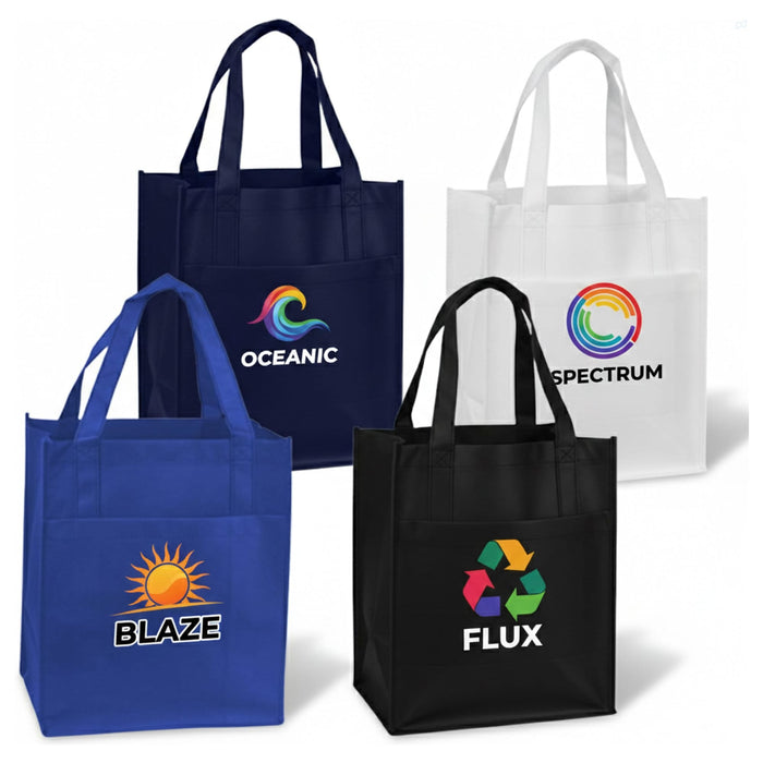 Pocket Shopping Bag - A collection of reusable shopping bags in blue, black, and white, featuring various logos and designs.