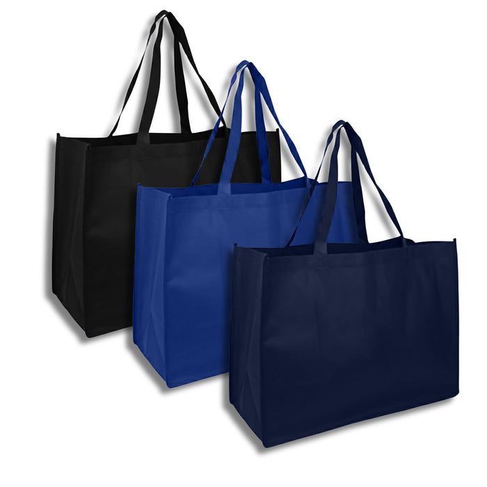Jumbo Non Woven Shopper - Three reusable grocery bags in black and shades of blue, featuring sturdy handles and a minimalist design.