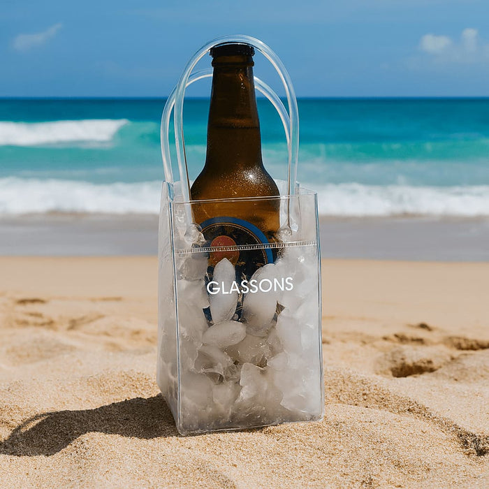 Icy Bags - Small - A transparent small cooler bag with clear handles and a logo printed on the front.