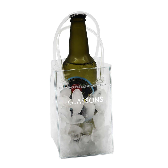 Icy Bags - Small - A drink bottle enclosed in a clear, small cooler bag filled with ice, featuring a logo on the front.