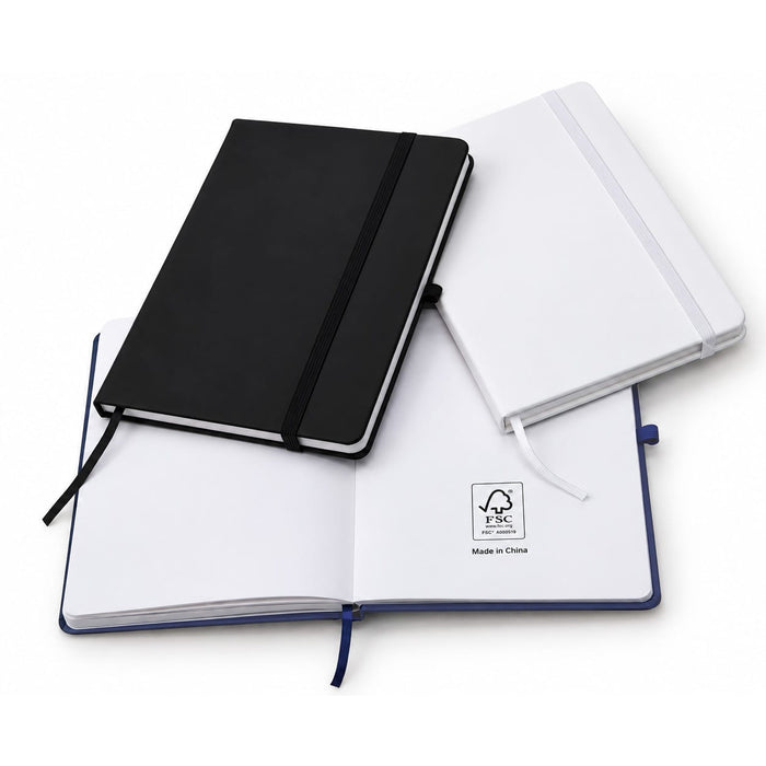 FSC Notebook - Three FSC notebooks in black, white, and navy, with a logo on the inside page and elastic closures.