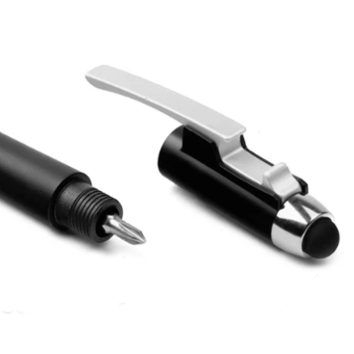 The Ironhide Pen - A black pen with a silver clip and tip, displayed with the cap removed. Features a logo on the body.
