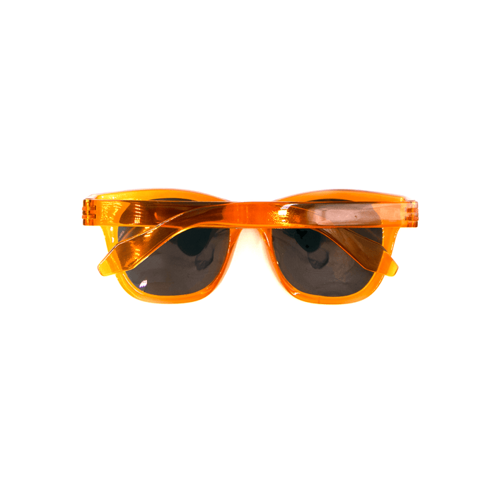 Summer Polarised Sunglasses - Bright orange polarised sunglasses with dark lenses, featuring a sleek design and a logo on the side.