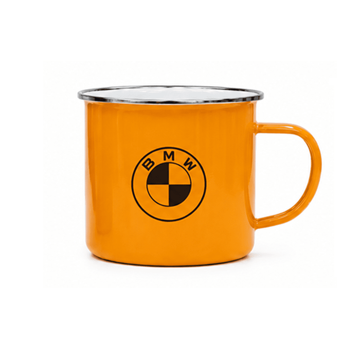 The Murray 500ml Mug - An orange mug with a metallic rim and a logo printed on the front.