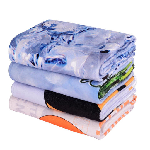 Hand Towel - A stack of four face washers in various colours, featuring different patterns and a logo on one of the towels.