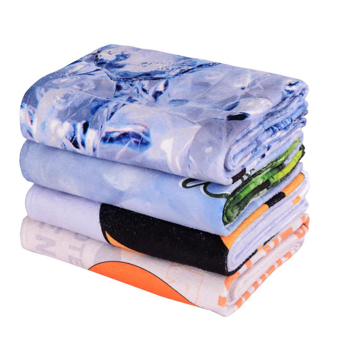 Hand Towel - A stack of four face washers in various colours, featuring different patterns and a logo on one of the towels.