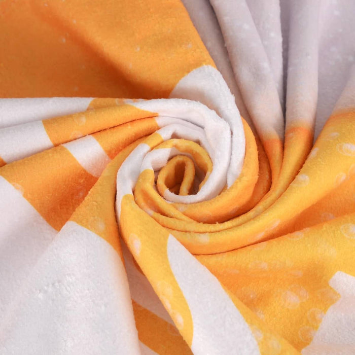 Bath Towel - A soft face washer in orange and white, featuring a spiral design with a plush texture. It includes a logo.