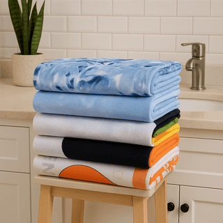 Bath Sheet - A stack of bath sheets in various colours, including blue, grey, orange, and white, on a wooden stool.
