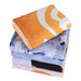 Bath Sheet - A stack of five colourful face washers featuring various designs, including orange and blue patterns, with a logo.