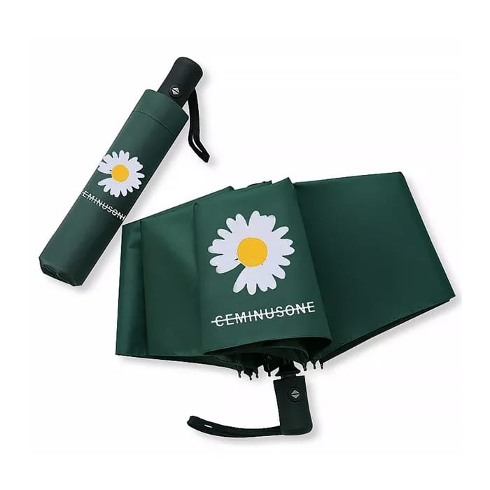 Full Colour Poppins Umbrella - A green umbrella featuring a daisy design, packaged in a matching green sleeve with a logo.