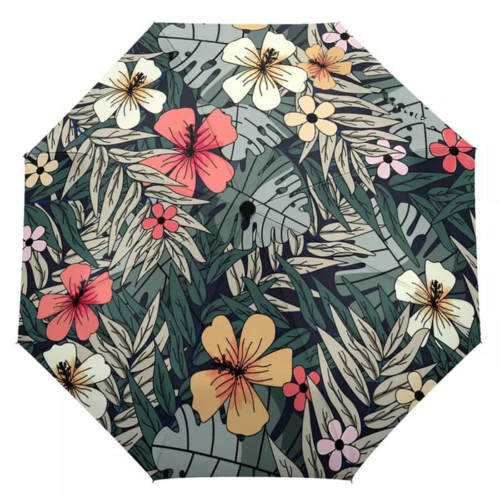 Full Colour Poppins Umbrella - A full-colour umbrella featuring a vibrant floral design with hibiscus and tropical leaves in shades of pink, yellow, and green.