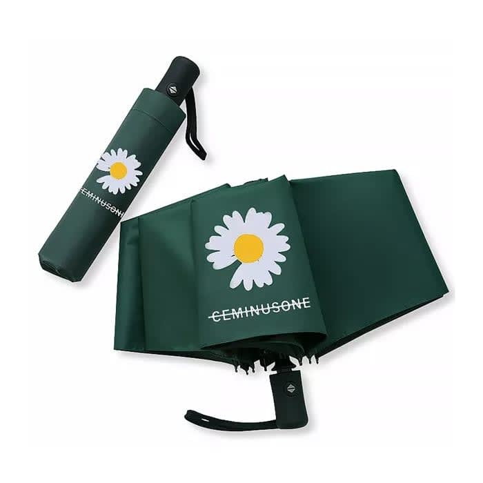 Full Colour Poppins Umbrella - A full colour green umbrella with a daisy design and a matching cylindrical case. It features a logo on the case.