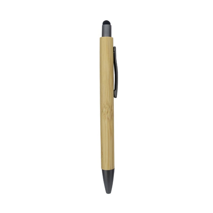 Manopoli Bamboo Pen - A bamboo pen featuring a black stylus tip and a sleek design with a metallic clip.