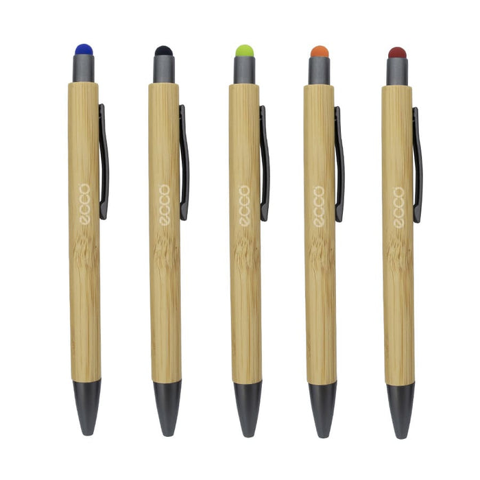 Manopoli Bamboo Pen - A set of five bamboo stylus pens featuring blue, green, orange, red, and black tips, each with a black grip and clip.
