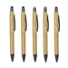 Manopoli Bamboo Pen - A set of five bamboo stylus pens featuring blue, green, orange, red, and black tips, each with a black grip and clip.
