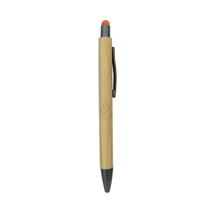 Manopoli Bamboo Pen - A bamboo pen with an orange stylus tip and black accents, featuring a clip for easy attachment.