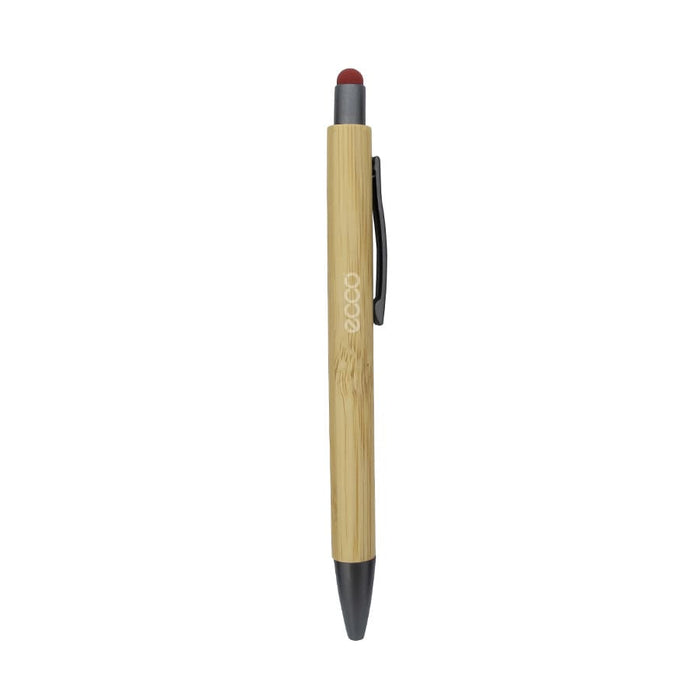 Manopoli Bamboo Pen - A bamboo pen featuring a red stylus tip and black accents, with a clip for easy carrying. It has a logo on the body.