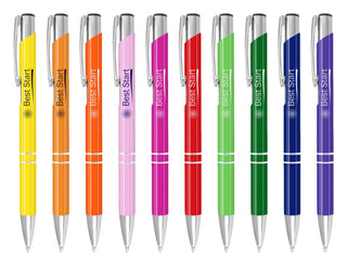 Argento Lacquer Pen - A collection of Argento lacquer pens in yellow, orange, pink, red, green, and blue, featuring silver accents and branding.