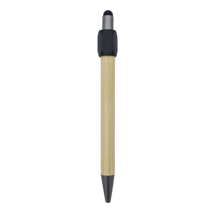 Harley Bamboo Spinner Pen - A bamboo pen with a black tip and a textured black grip, featuring a branding logo.