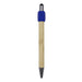 Harley Bamboo Spinner Pen - A bamboo pen with a blue silicone grip and metal tip, featuring a branding logo.