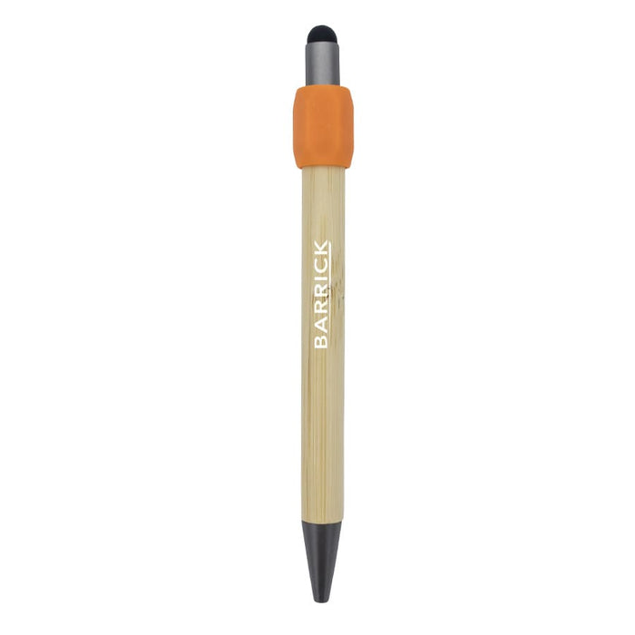 Harley Bamboo Spinner Pen - A bamboo spinner pen with an orange grip and black tip, featuring a logo.