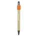 Harley Bamboo Spinner Pen - A bamboo spinner pen with an orange grip and black tip, featuring a logo.