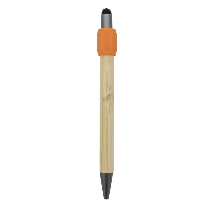 Harley Bamboo Spinner Pen - A bamboo pen with an orange grip and a black tip, featuring a logo on the barrel.