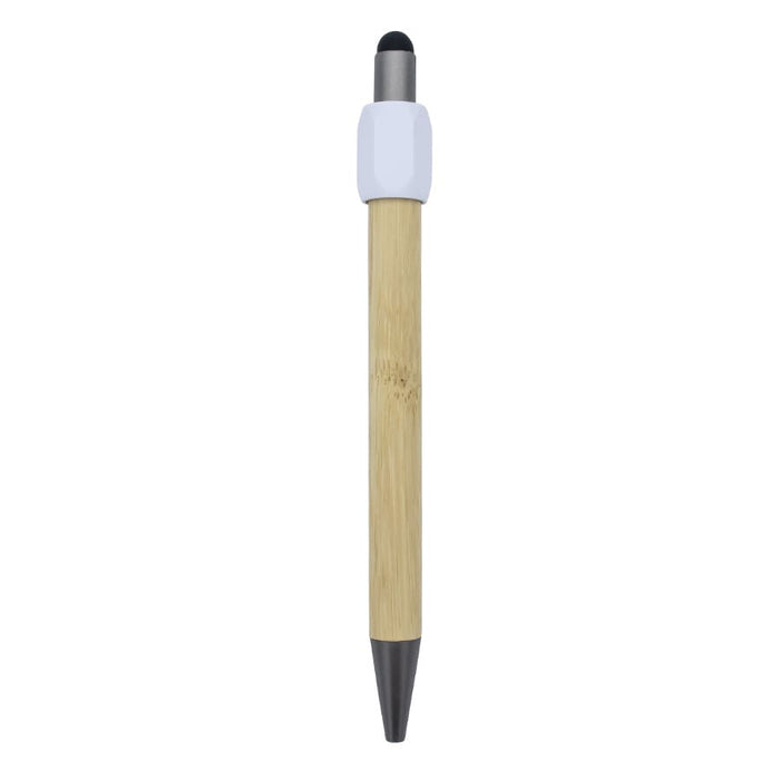 Harley Bamboo Spinner Pen - A bamboo spinner pen with a white top and black tip, featuring a metallic clip.