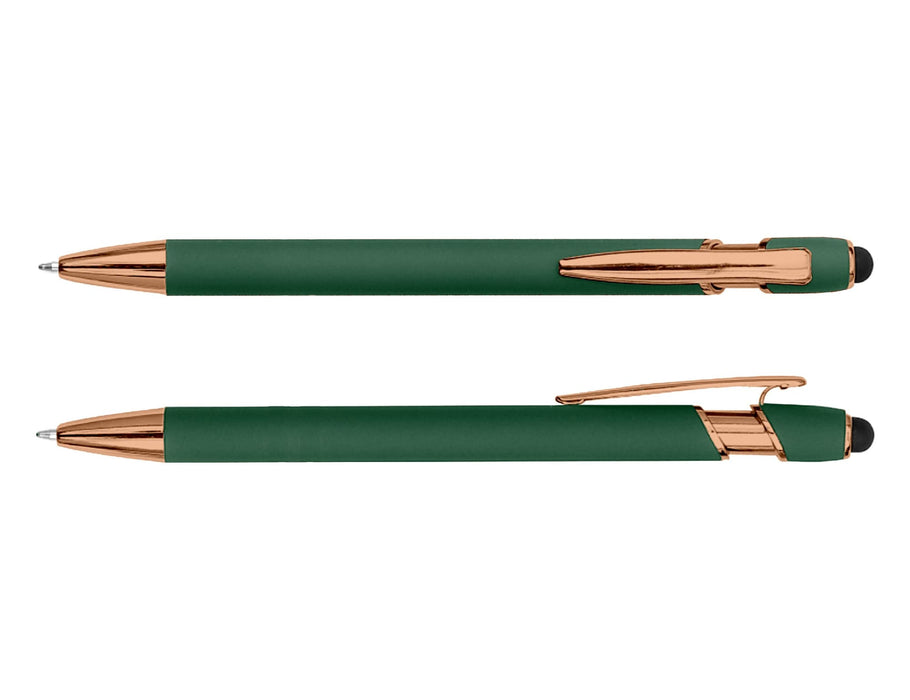 Colombo Rose Gold Stylus Pen - A green stylus pen with rose gold accents, featuring a logo on the barrel.