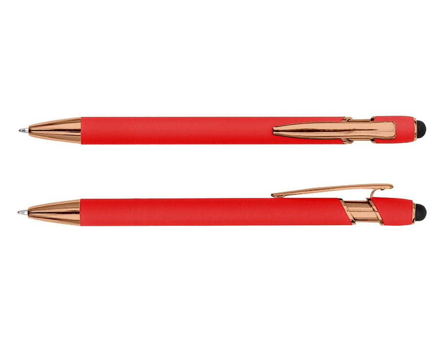 Colombo Rose Gold Stylus Pen - A red stylus pen with rose gold accents, featuring both a click mechanism and a soft touch tip.