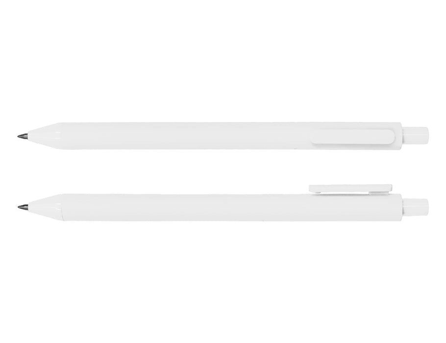 Virgo Ball Point Pen - A white ballpoint pen displayed from two angles, featuring a clip and a smooth design. It has a logo.