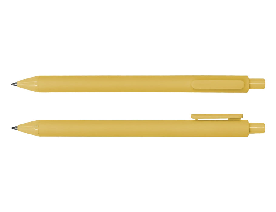 Virgo Ball Point Pen - A yellow ballpoint pen displayed upright and horizontally, featuring a simple design and a clip.