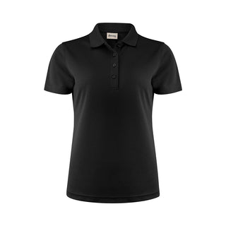 Women's Smash Polo - A black women's polo shirt featuring a classic collar and button placket. It has a branded logo.