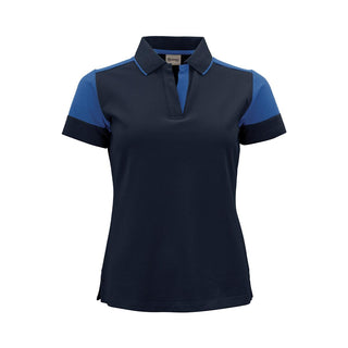 Women's Printer Prime Polo - A women's polo shirt in navy with blue accents, featuring a collared neckline and a logo.