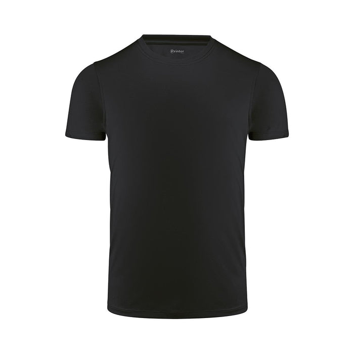 Men's Run Active Tee - A black men's active tee with short sleeves and a round neckline, featuring a logo on the collar.