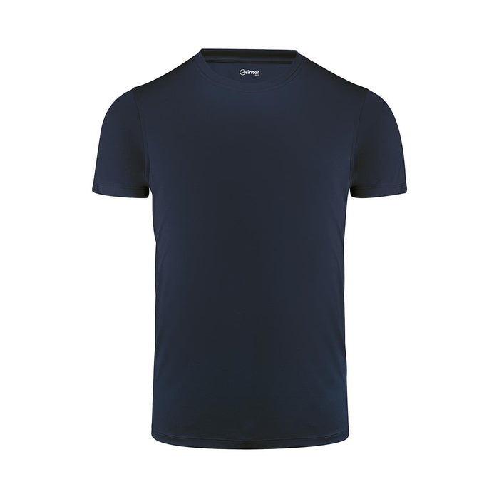 Men's Run Active Tee - A navy blue men's active tee with a round neckline and short sleeves, featuring a logo on the inside neckline.