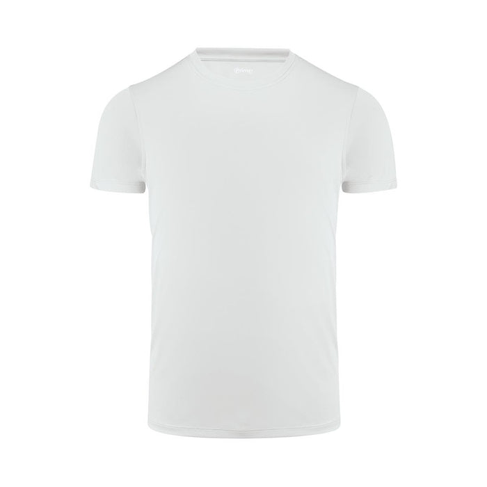 Men's Run Active Tee - A plain white men's active t-shirt with short sleeves and a round neckline, featuring a logo.