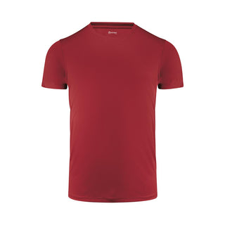 Men's Run Active Tee - A red men's active tee with a crew neckline and short sleeves, featuring a logo on the neckline.