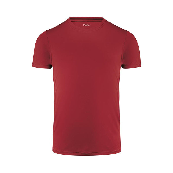 Men's Run Active Tee - A red men's active tee with a crew neckline and short sleeves, featuring a logo on the neckline.