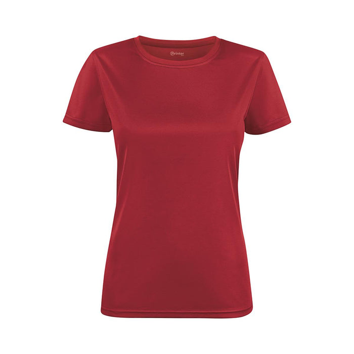 Women's Run Active Tee - A women's active tee in bright red with a classic short-sleeve design, featuring a logo on the label.