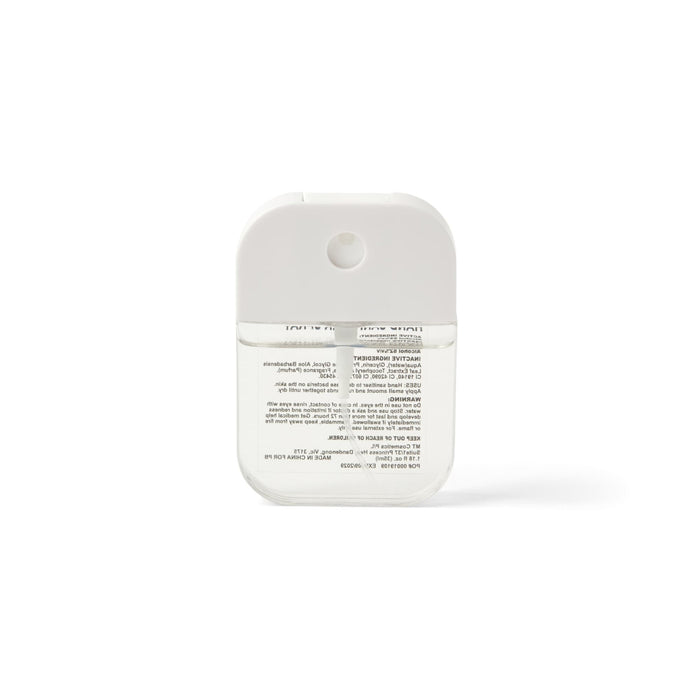 Scented 35ml Spray Sanitiser - A clear 35ml spray sanitiser bottle with a white lid and a logo. Contains scented sanitising solution.