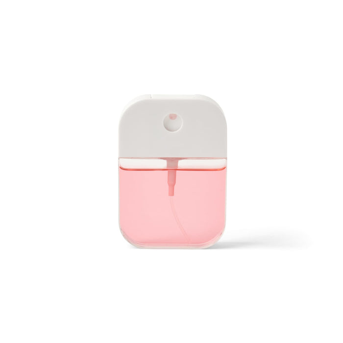 Scented 35ml Spray Sanitiser - A 35ml spray sanitiser with a pink liquid, featuring a white top and a slim nozzle for application.
