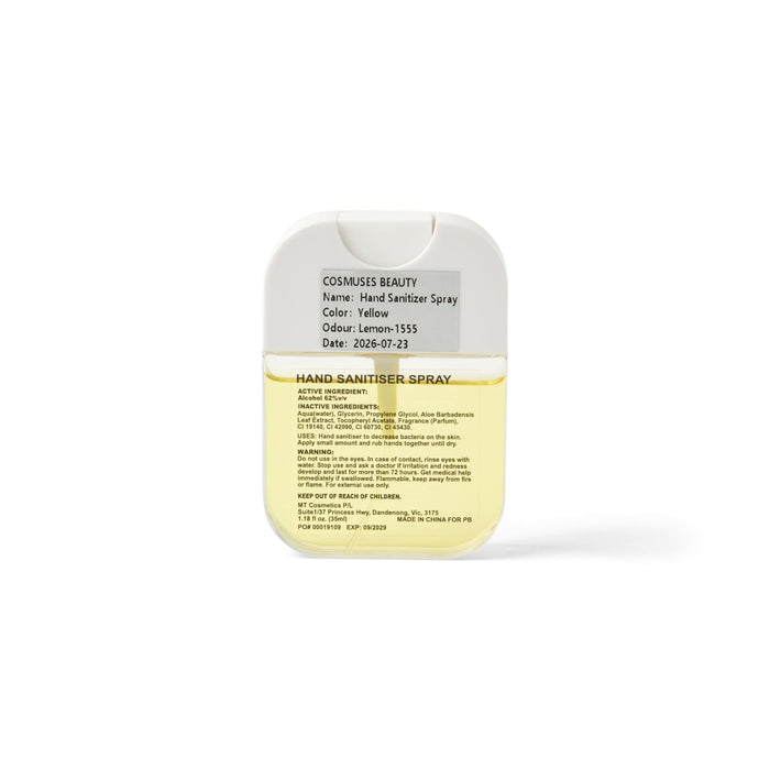 Scented 35ml Spray Sanitiser - A yellow 35ml spray sanitiser with a lemon scent, featuring a logo and clear label detailing ingredients and warnings.