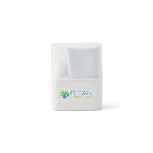 Zoe Spray & Wipe Cleanser - A white spray bottle with a fabric cloth attached, featuring a logo on the front.