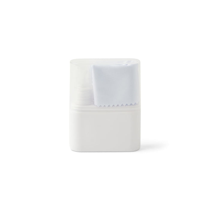 Zoe Spray & Wipe Cleanser - A white cleanser bottle with a spray top and a white cleaning cloth attached. The bottle features a logo.