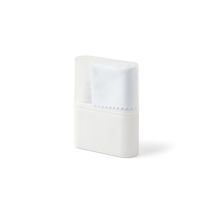 Zoe Spray & Wipe Cleanser - A white spray bottle with a cloth attached, packaged in a slim, clear case. It features a logo.